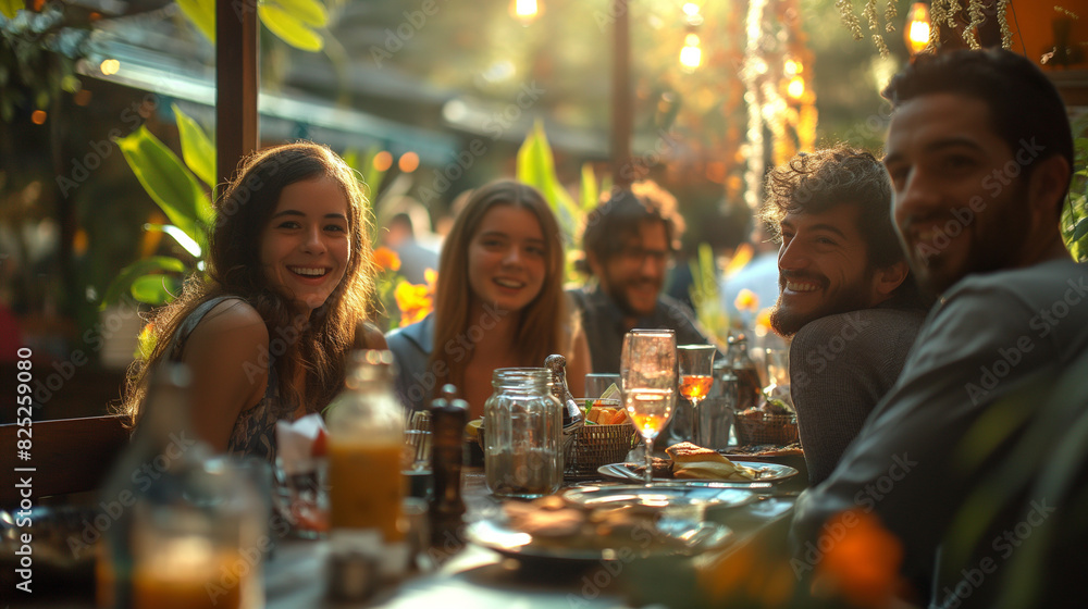 Group of men and women posing for a photograph during an outdoor dinner party. Group of men and women posing for a photograph during an outdoor dinner party.