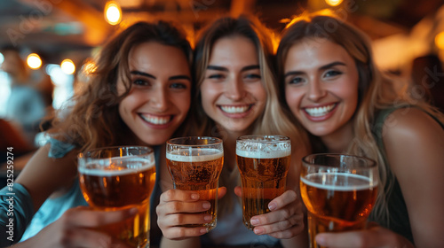Charming young women drinking alcoholic cocktails during weekend celebration at night club. Female friends in trendy dresses having fun  laughing and chatting at bar.