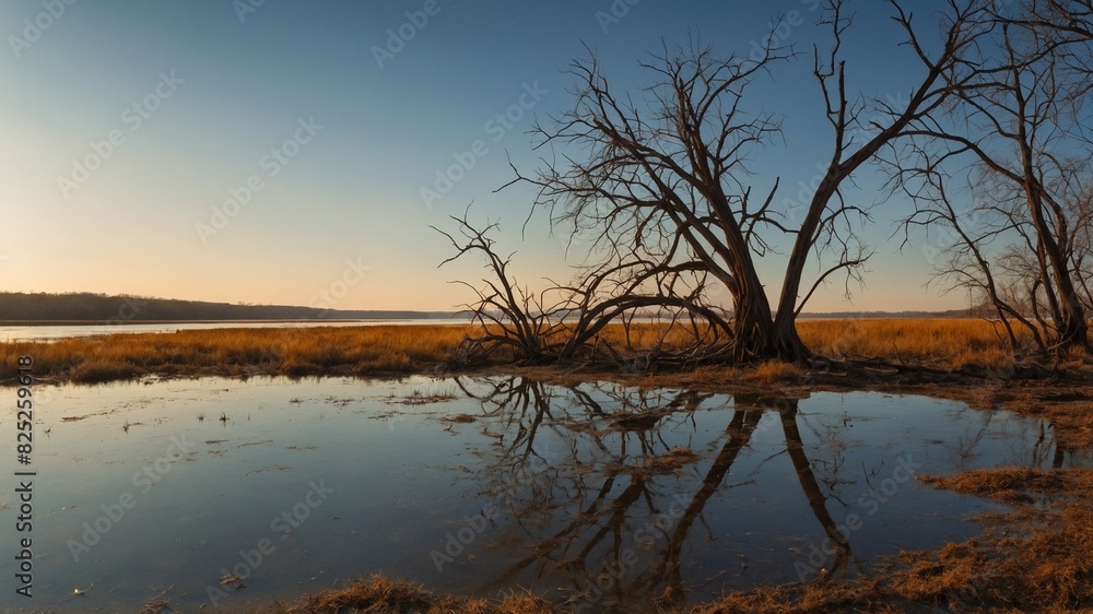 Tranquil landscape unfolds, showcasing large tree devoid of leaves, its sprawling branches mirrored in calm body of water. Surrounding terrain covered in dry grass, under vast sky at onset of evening.