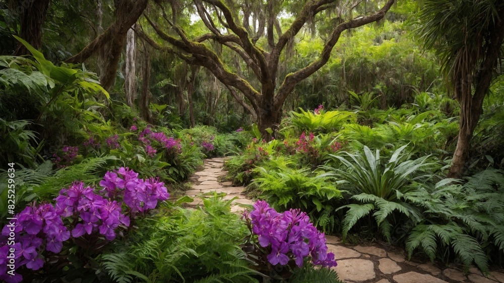 Winding stone path invites exploration through lush garden. Vibrant purple flowers, dense green ferns flank path, thriving under canopy of sprawling trees adorned with hanging moss. Winding stone path invites exploration through lush garden. Vibrant purple flowers, dense green ferns flank path, thriving under canopy of sprawling trees adorned with hanging moss.