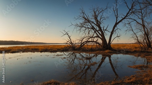 Tranquil landscape unfolds, showcasing large tree devoid of leaves, its sprawling branches mirrored in calm body of water. Surrounding terrain covered in dry grass, under vast sky at onset of evening. © Tamazina