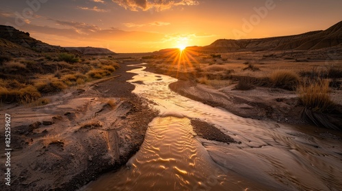 Golden river flowing through a desert landscape at sunset