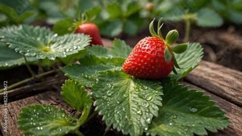 Ripe strawberry rests prominently on green leaf, with another partially visible in background, amidst bed of rich soil, foliage. Dew drops glisten on leaves, reflecting ambient light.