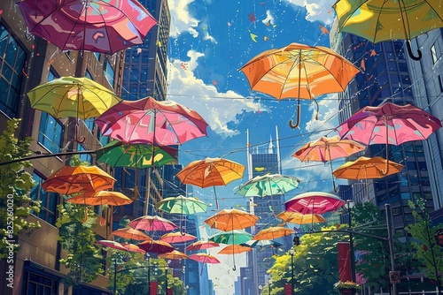 A colorful city street with many umbrellas hanging in the air
