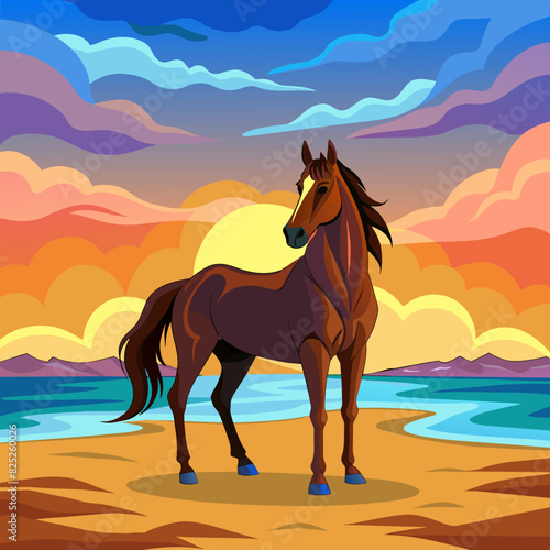 A brown horse standing on top of a sandy beach under a cloudy blue and orange sky with a sunset. 