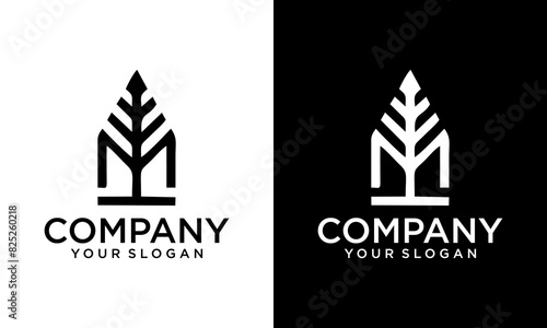 Creative Pine tree Logo Design Template with house building logo vector design template.