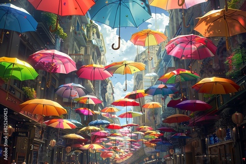 A photo of colorful umbrellas hanging in the sky over a busy street.