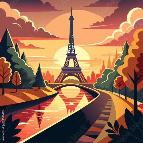 The Eiffel tower and river seine, paris, france with a golden glow of sun, in the style of poster, Romantic Landscapes