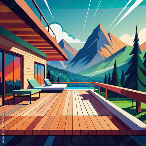 A contemporary, roomy wooden deck with a stunning mountain view and great location.
