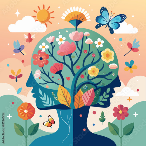 Human mind with flowers and butterflies growing from a tree, positive thinking, creative mind, self care and mental health concept