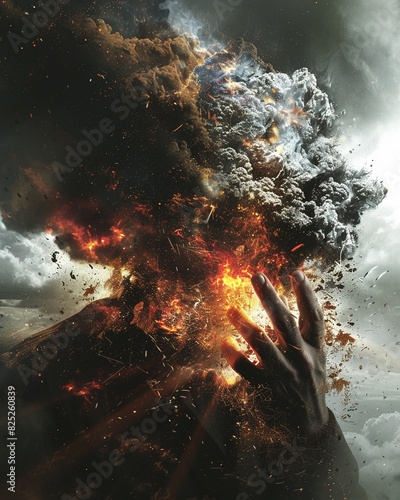 The image shows a man with a volcano erupting from his head. The man is holding his head in pain. The volcano is erupting with lava and ash. The sky is dark and stormy.