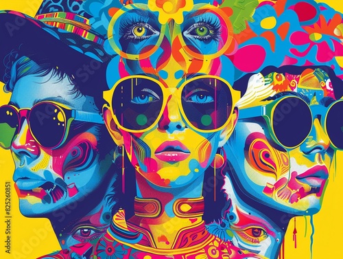 Three women with sunglasses, very colorful, pop art style