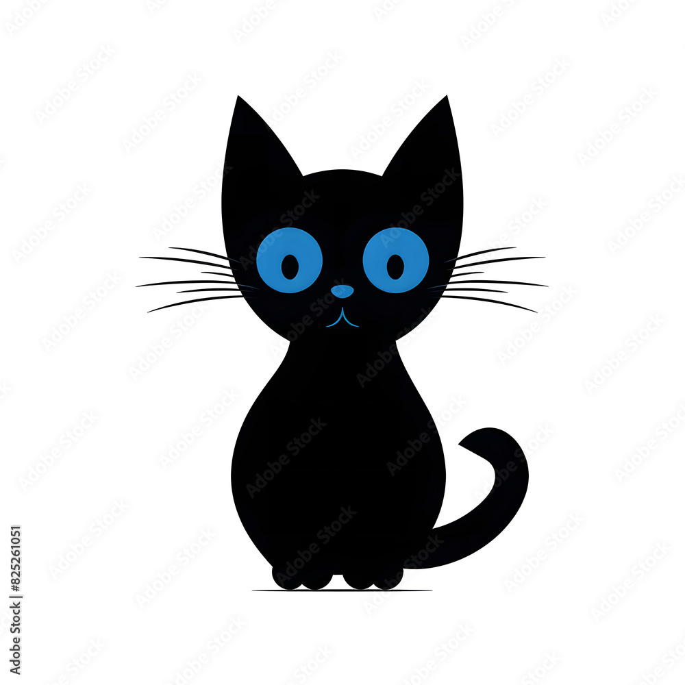 Cute Black Cat with Blue Eyes on White Background