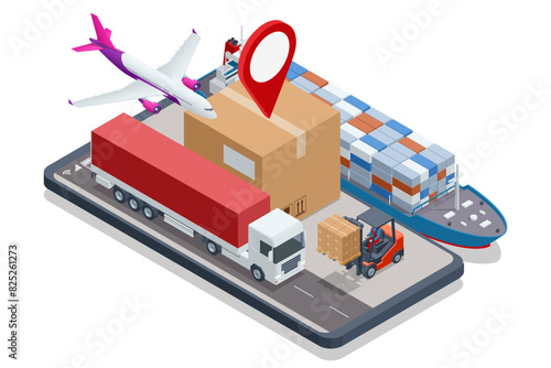 Global logistics network isometric air cargo trucking rail transportation maritime shipping On-time delivery Vehicles designed to carry large numbers of cargo