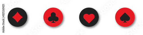 Hearts, clubs, diamonds and spades chips on an isolated white background. Set collection gambling sign symbol of playing card suits and chips for poker and casino.