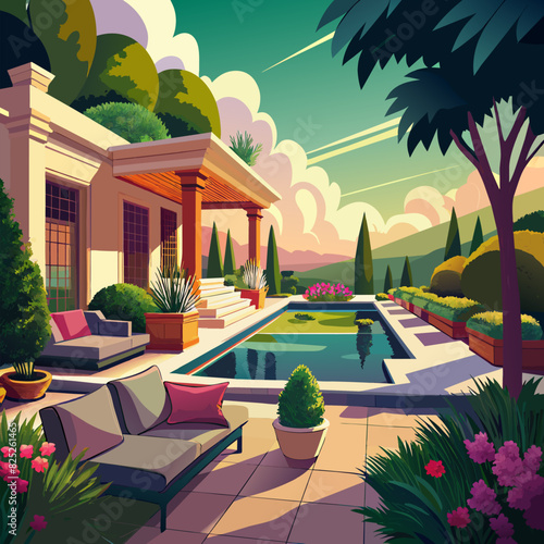 Luxury Living Outdoor Space Interior design of a lavish side outside garden at morning. Digital Art Illustration