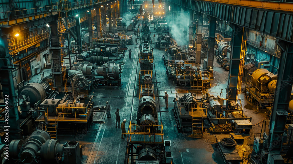 Aerial view of an industrial factory floor with workers and machinery