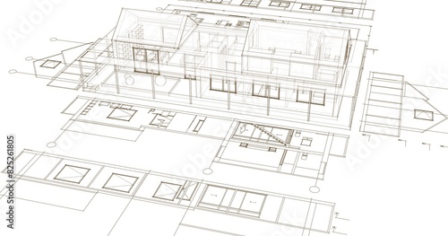 house architectural project sketch 3d illustration 