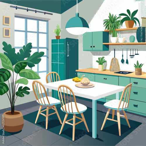 A Scandinavian-inspired kitchen with white cabinetry, a light wood dining table and chairs, and a large green indoor plant.