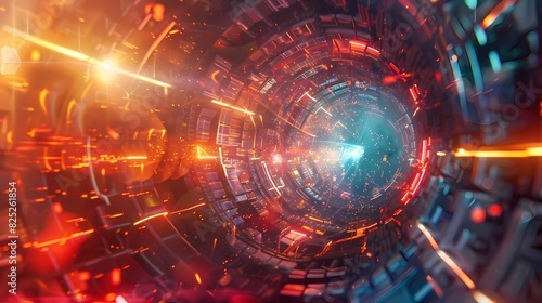 A scene of a particle collider, with a background of particles of matter and energy