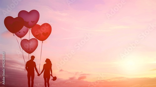 A couple holding hands with heart-shaped balloons in the background  soft pastel sky at sunset  and a blank space on the left for text 