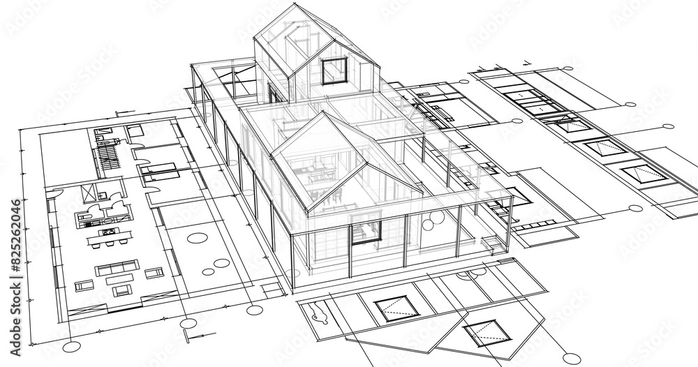 Naklejka premium house architectural project sketch 3d illustration 