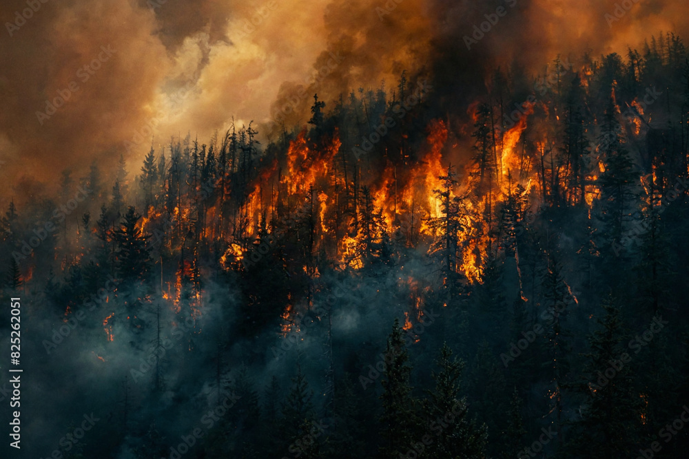Forest Fire on Hillside, intense flames, environmental disaster, dramatic scene, nature destruction, wildfire impact, background, cover image