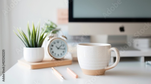 Creating a home workspace during quarantine to stay safe coffee cup computer clock desk supplies and plant on a white surface photo