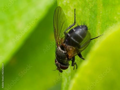 Siphona Ganiculata Fly sitting on a lush green leaf.