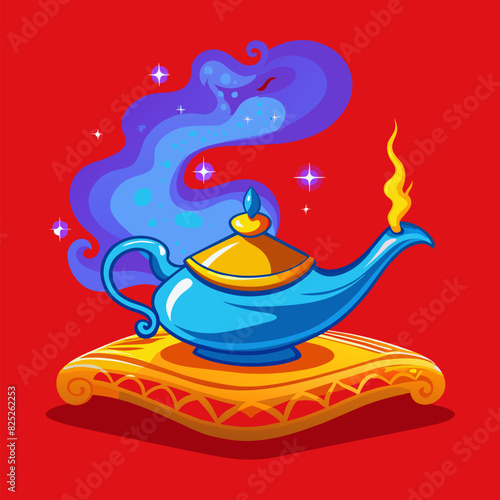 Genie's magic lamp emitting blue smoke standing on a red pillow