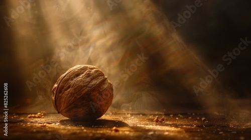 Golden walnut shell bathed in sunlight in an autumn forest photo