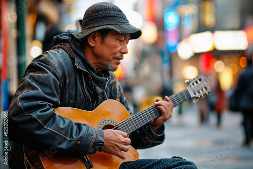 Passionate Elderly Street Musician Playing Acoustic Guitar in Urban Cityscape During Evening