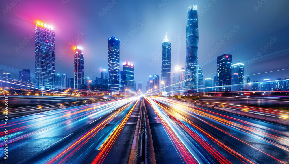 City streets with high-speed cars driving on the highway at night