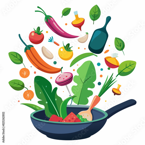 Cooking concept. Vegetables flying out of the pan isolated on white background