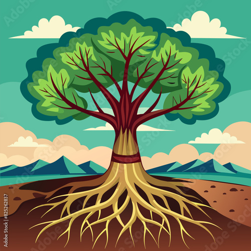 a tree with deep roots firmly planted in the ground, reaching upward with branches stretching towards the sky, representing the stoic principle of being grounded in one's values