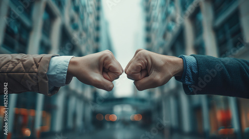Close-up of business partners fist bumping in urban setting, demonstrating teamwork and agreement photo