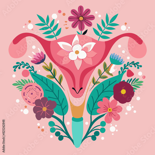 Female uterus, flowers pink background.