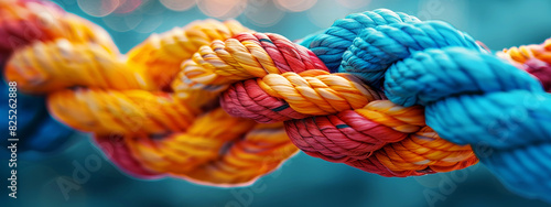 Vivid closeup of intertwined colorful ropes, showcasing strength and unity