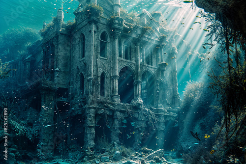 Sunken Gothic Building Underwater Surrounded by Marine Life with Sunlight Filtering Through © Sachin