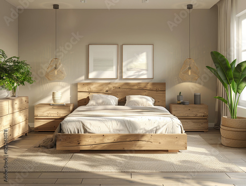 Elegant minimalist bedroom interior with natural wood furniture © Robert Kneschke