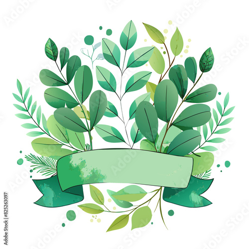 Watercolor of green floral banner with eucalyptus leaves