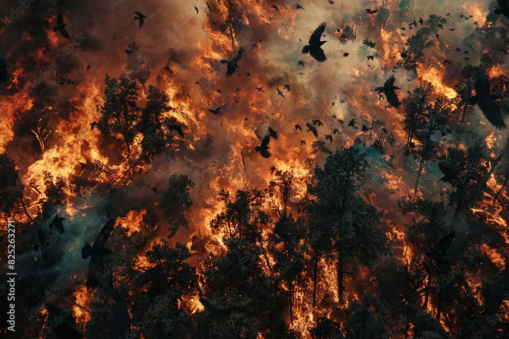 Forest Fire with Birds Fleeing, intense flames, wildlife escape, environmental crisis, dramatic scene, nature destruction, background, cover image Forest Fire with Birds Fleeing, intense flames, wildlife escape, environmental crisis, dramatic scene, nature destruction, background, cover image