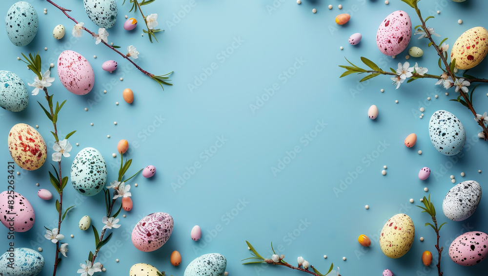 Colorful Easter eggs and blooming willow branches on a pastel blue background Colorful Easter eggs and blooming willow branches on a pastel blue background