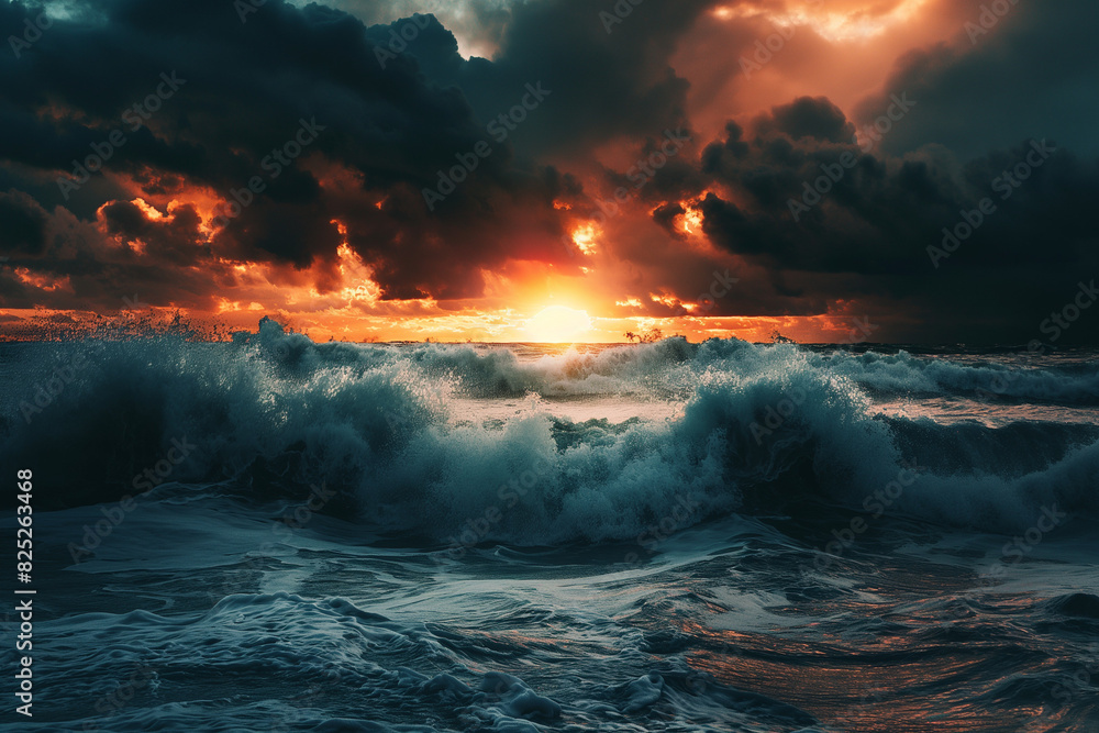 Amazing Sunset with Clouds: Captivating Sky Scenery, Eye-Catching Sunset in the Clouds: A Stunning Evening Scene, full moona and ocean waves