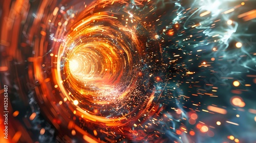A scene of a particle cyclone, with a background of particles of matter and energy