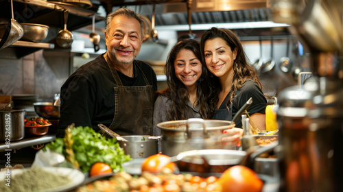 Family-owned restaurant with joyful proprietors at work in kitchen