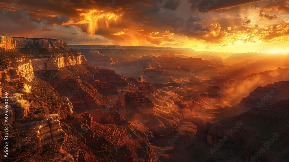 Grand canyon at sunset with colorful sky and majestic cliffs