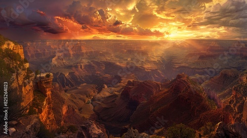 Grand canyon at sunset with colorful sky and majestic cliffs