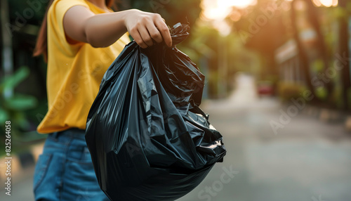 Woman throwing away black garbage bag 