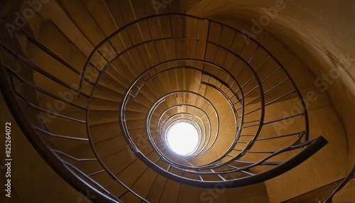 Architectural elegance captured within the spiraling lines of a wooden staircase ascending towards a circular skylight.